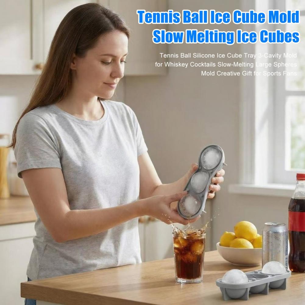 Ice Mold Sphere - แม่พิมพ์น้ำแข็งซิลิโคนแบบหนา รูปทรงลูกเทนนิส ถาดน้ำแข็งซิลิโคนรูปทรงลูกเทนนิส 3 ช่อง สำหรับทำวิสกี้ทรงกลมสำหรับค็อกเทล