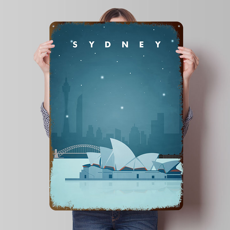 Home Bar Sydney - ป้ายโลหะวินเทจแบบกำหนดเองลายโปสเตอร์ท่องเที่ยวซิดนีย์ ของตกแต่งผนัง ป้ายดีบุกสไตล์เรโทร สำหรับตกแต่งบ้านและร้านเกมมิ่ง